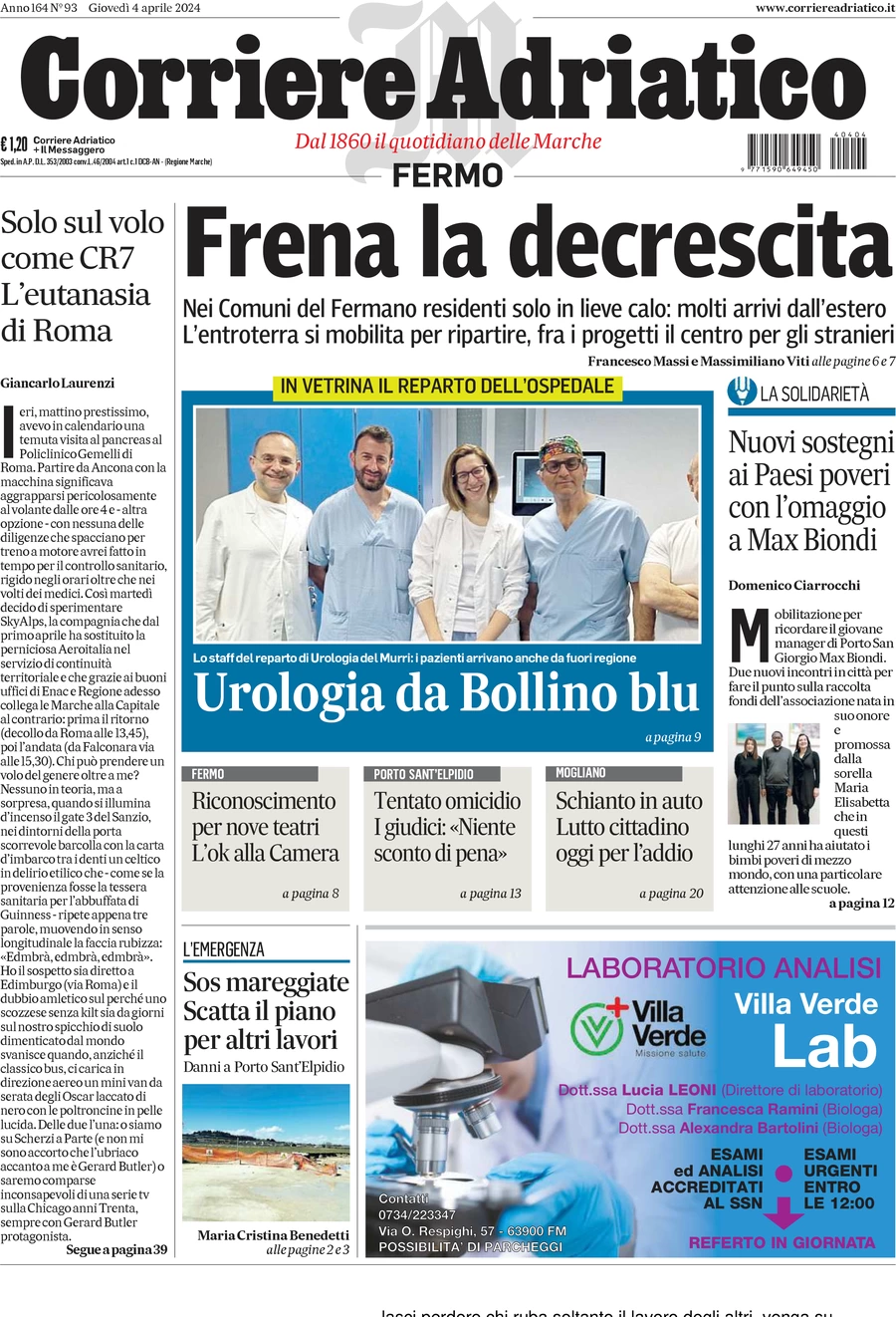 anteprima della prima pagina di corriere-adriatico-fermo del 04/04/2024