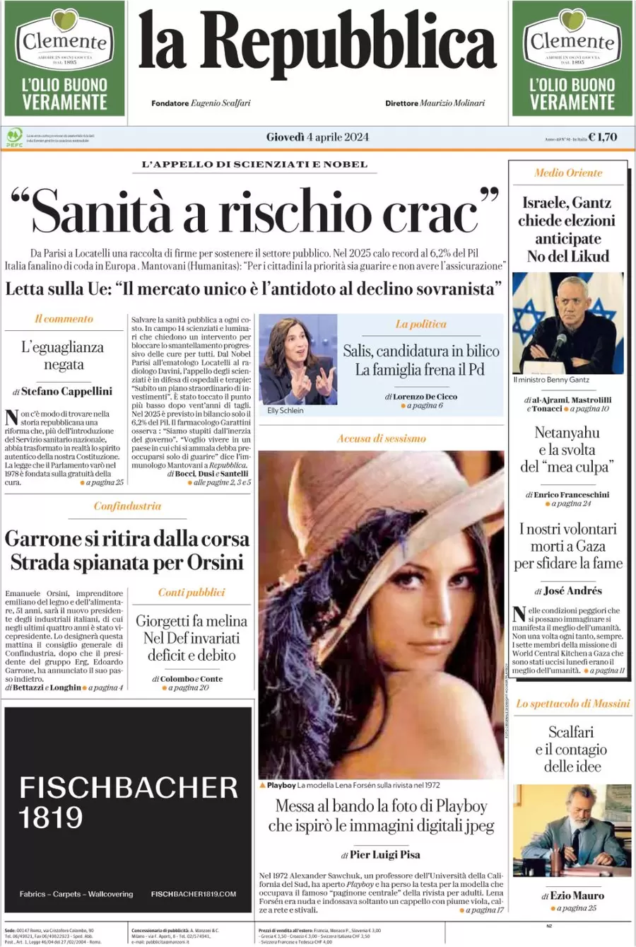 prima pagina - La Repubblica del 04/04/2024
