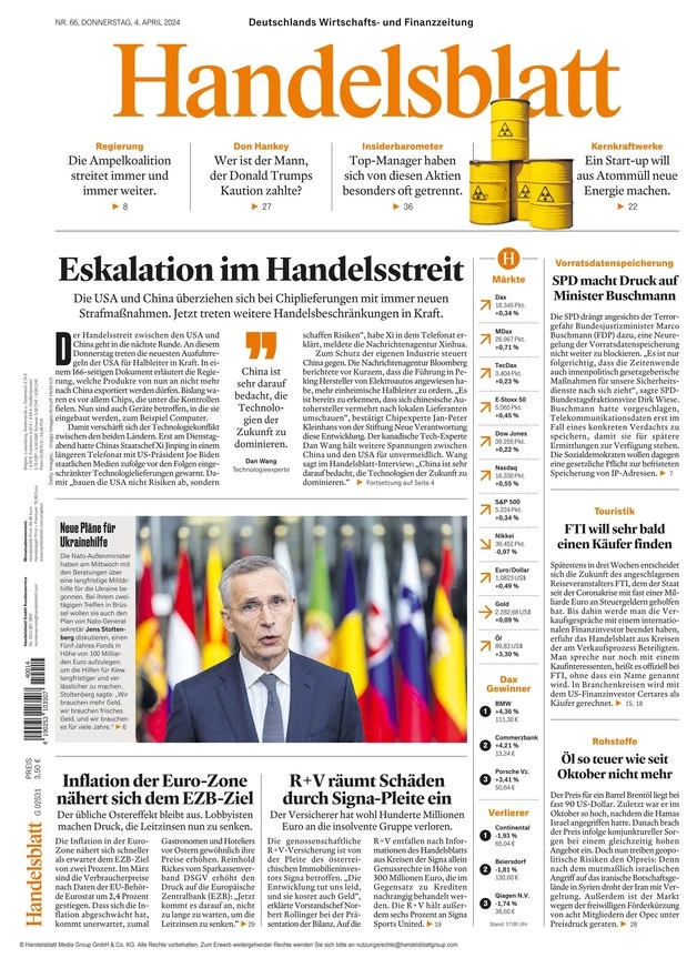 anteprima della prima pagina di handelsblatt del 04/04/2024