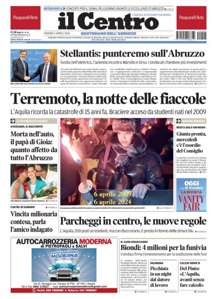 prima pagina - Il Centro (L'Aquila) del 05/04/2024