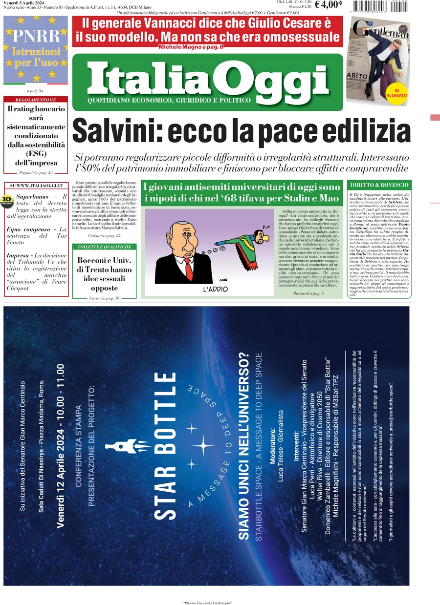 anteprima della prima pagina di italiaoggi del 05/04/2024