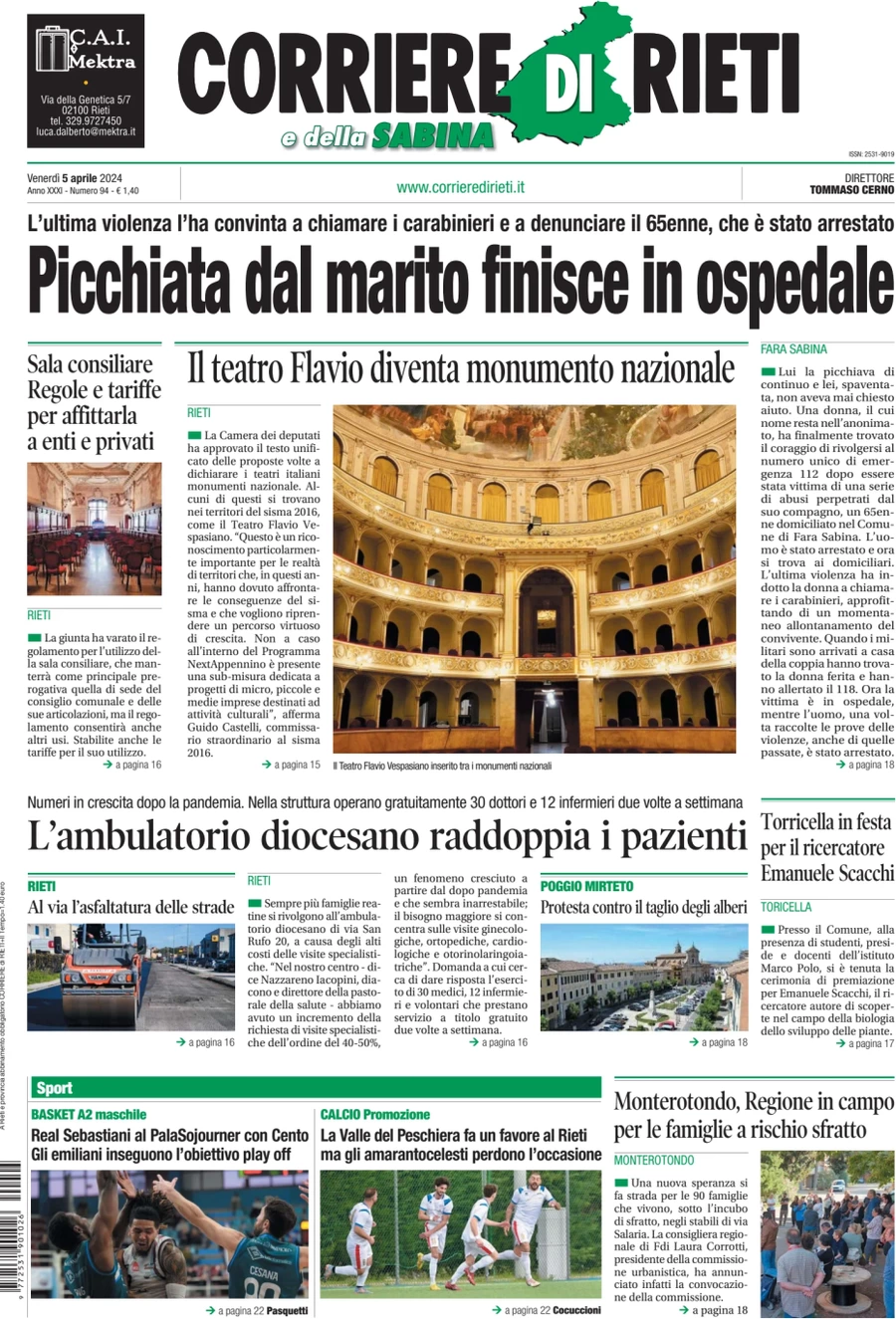 anteprima della prima pagina di corriere-di-rieti-e-della-sabina del 05/04/2024