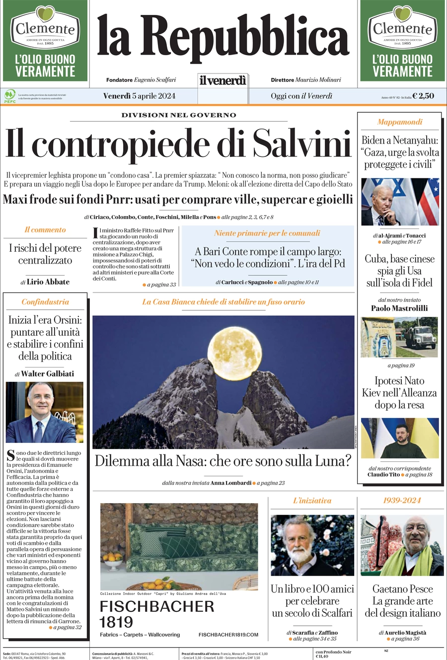 prima pagina - La Repubblica del 05/04/2024
