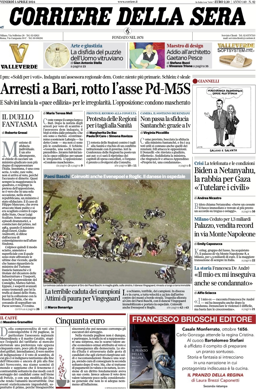 prima pagina - Corriere della Sera del 05/04/2024