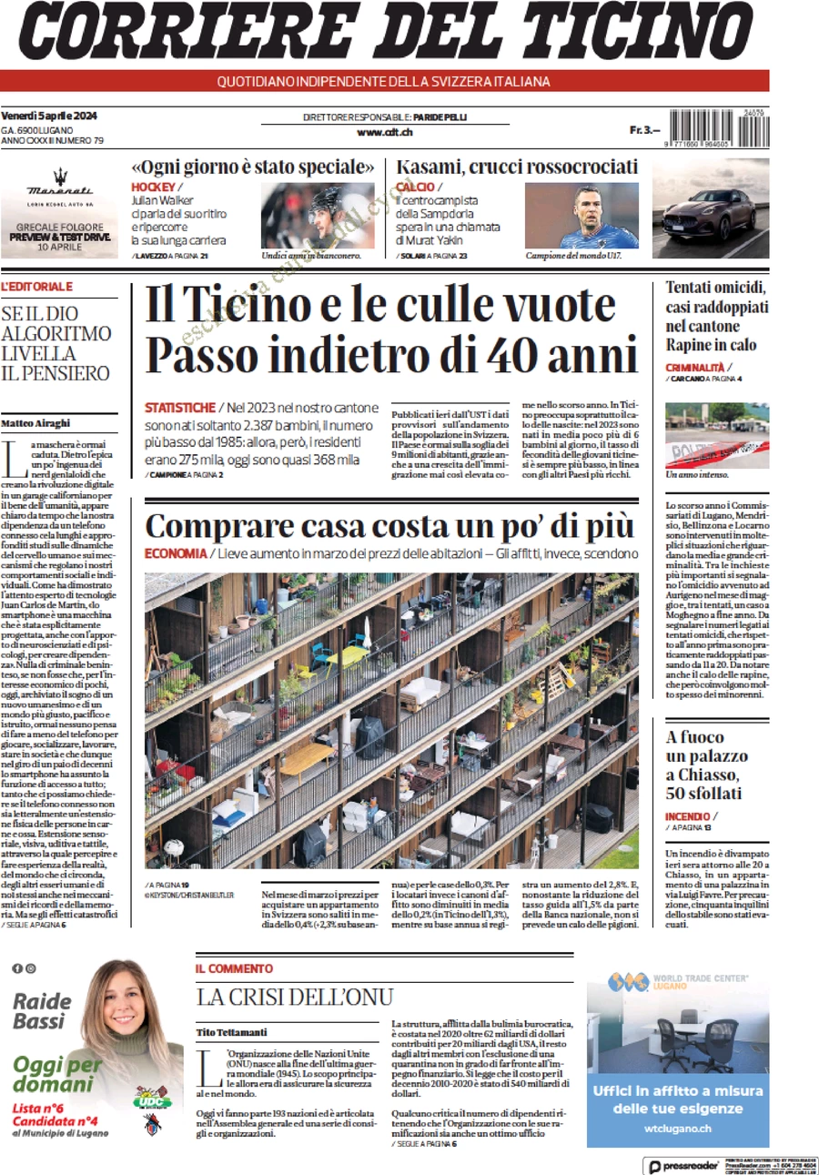 prima pagina - Corriere del Ticino del 05/04/2024