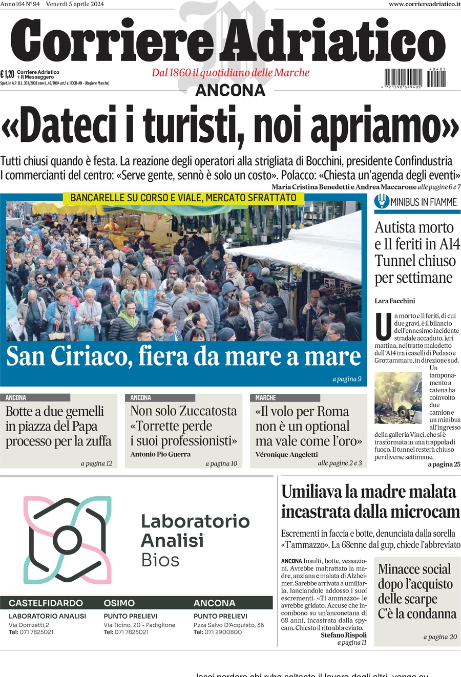 anteprima della prima pagina di corriere-adriatico-ancona del 05/04/2024