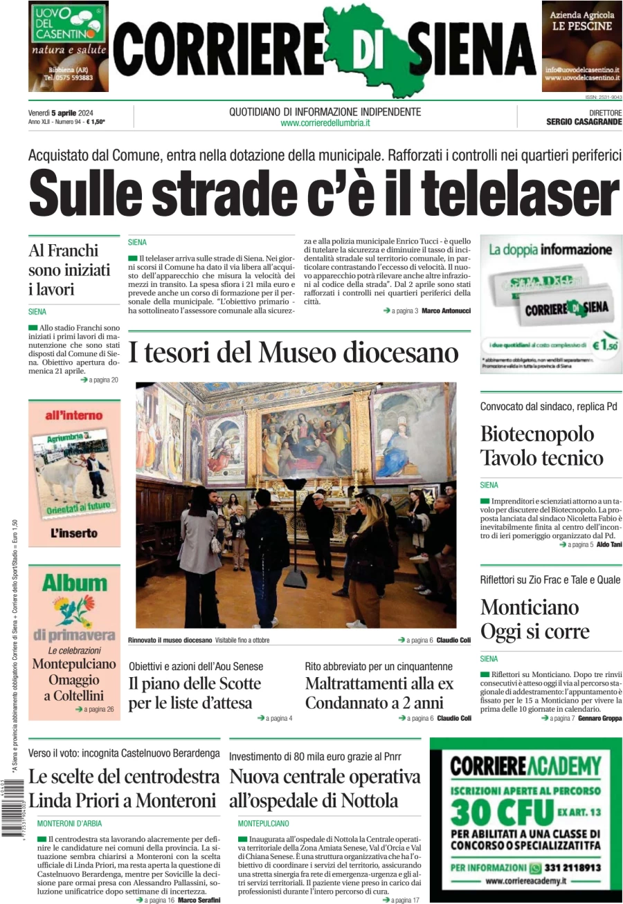 anteprima della prima pagina di corriere-di-siena del 05/04/2024