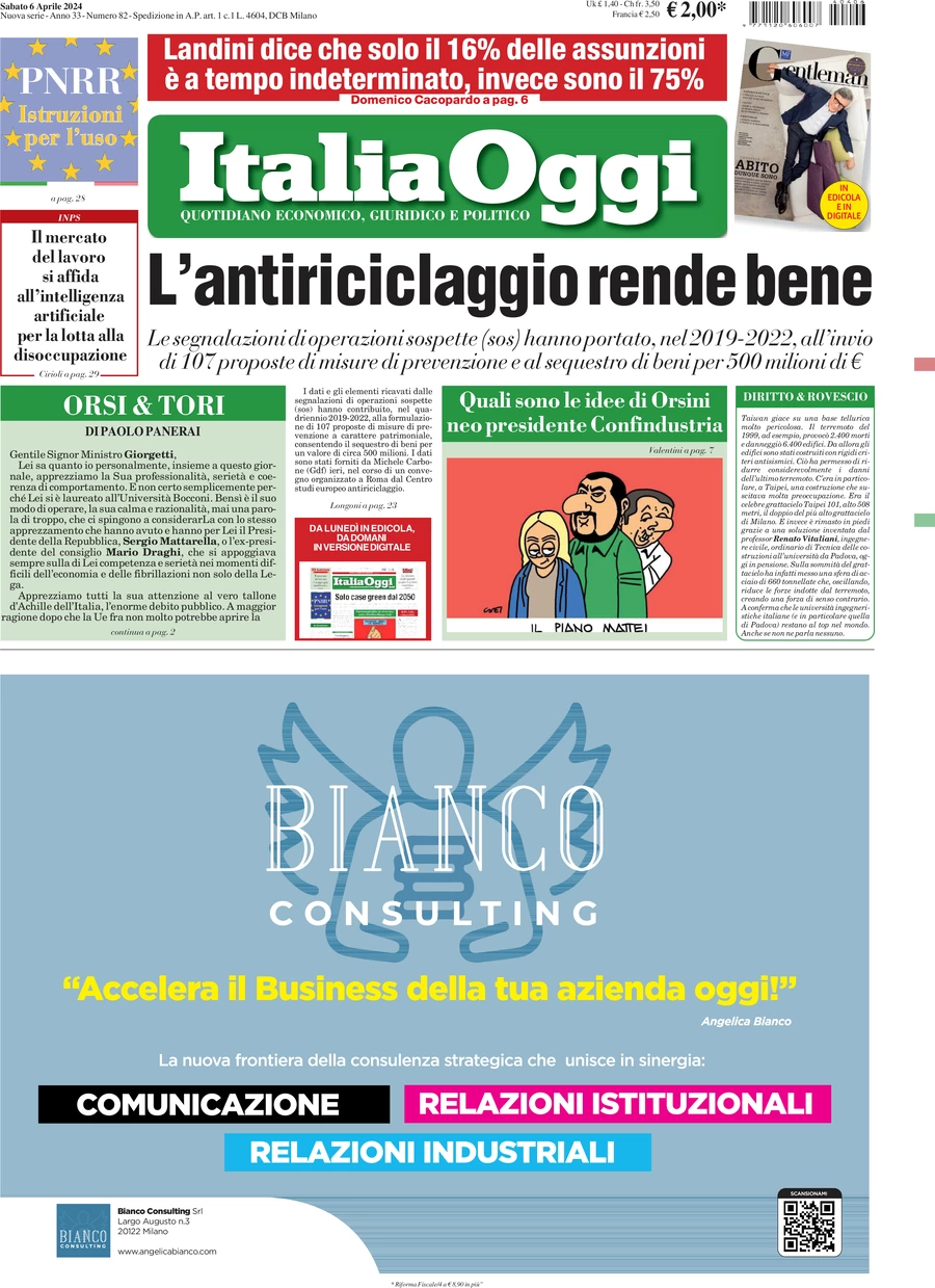 anteprima della prima pagina di italiaoggi del 06/04/2024