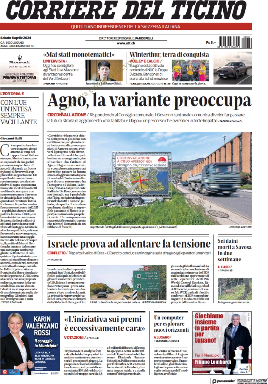 prima pagina - Corriere del Ticino del 06/04/2024