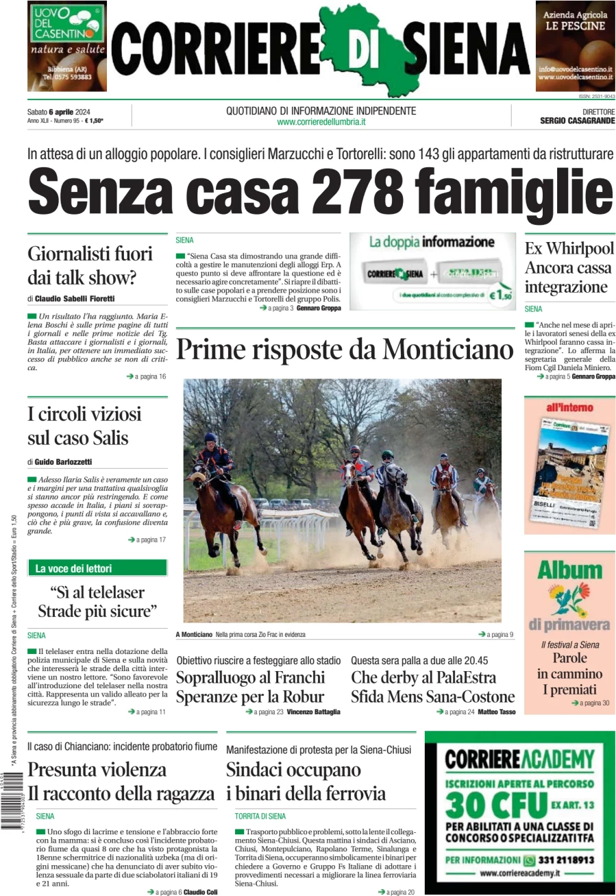anteprima della prima pagina di corriere-di-siena del 06/04/2024