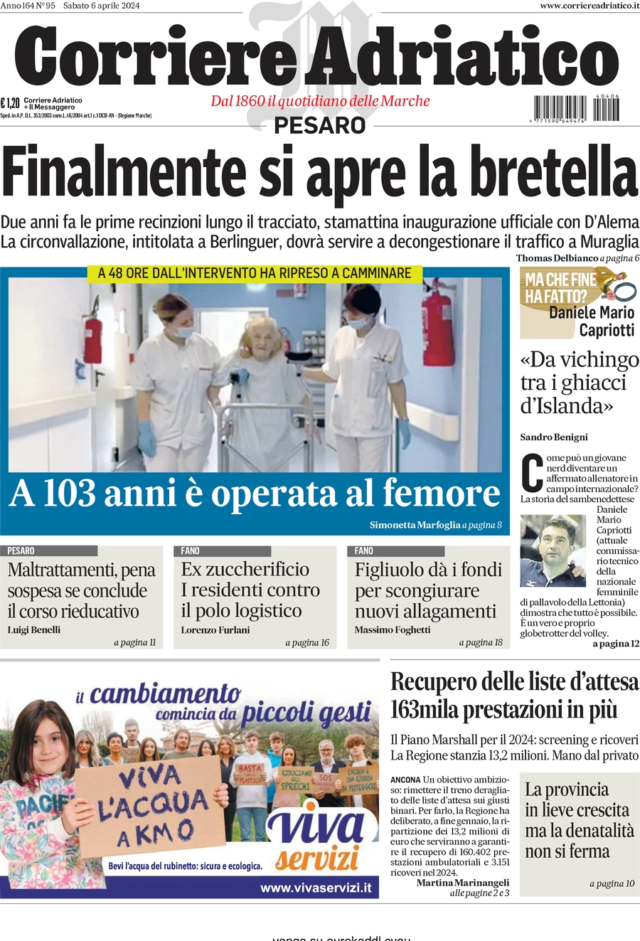 anteprima della prima pagina di corriere-adriatico-pesaro del 06/04/2024