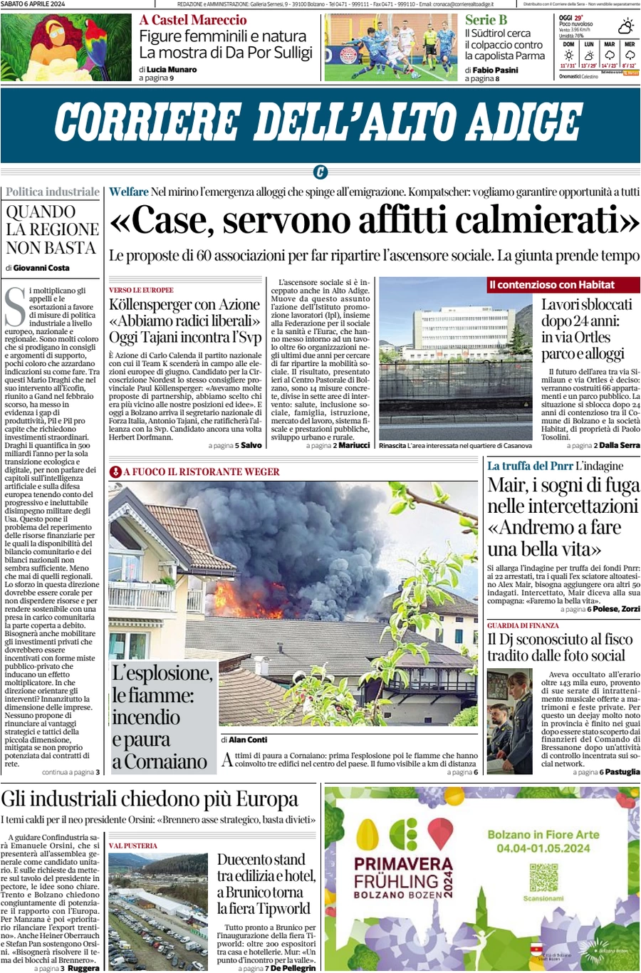 anteprima della prima pagina di corriere-dellalto-adige del 06/04/2024