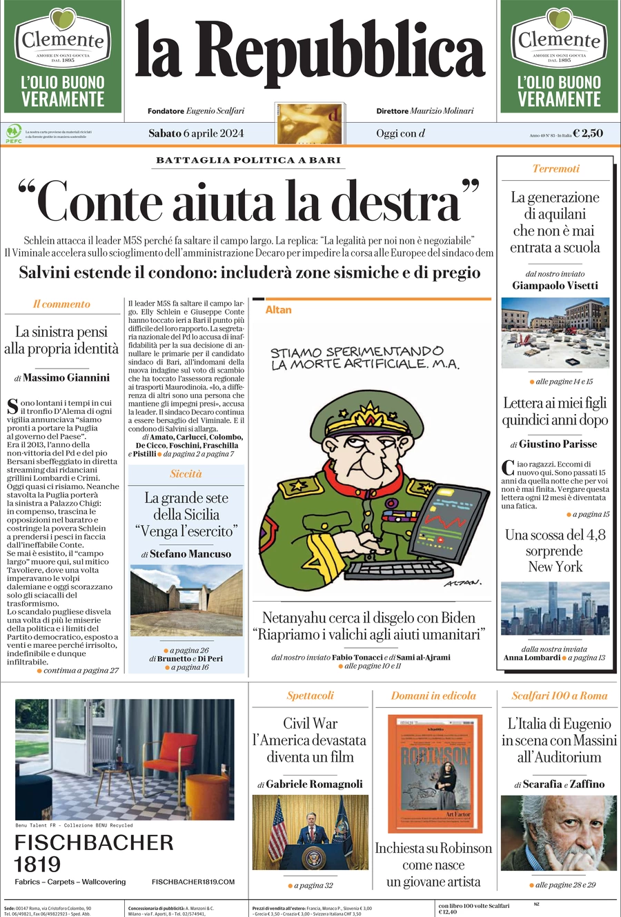 prima pagina - La Repubblica del 06/04/2024