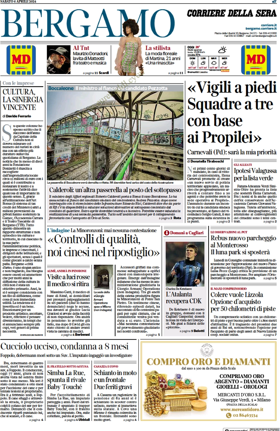 anteprima della prima pagina di corriere-della-sera-bergamo del 06/04/2024