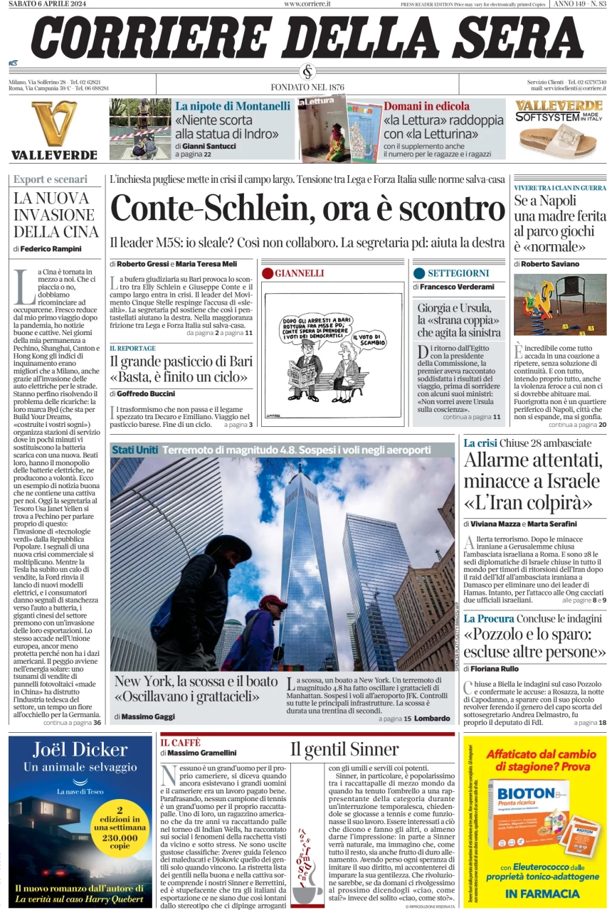 prima pagina - Corriere della Sera del 06/04/2024
