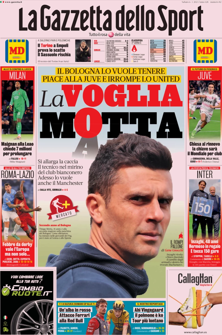 prima pagina - La Gazzetta dello Sport del 06/04/2024