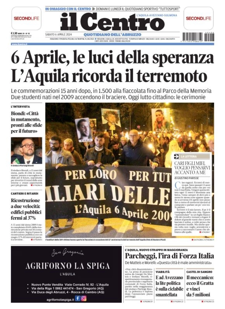 prima pagina - Il Centro (L'Aquila) del 06/04/2024