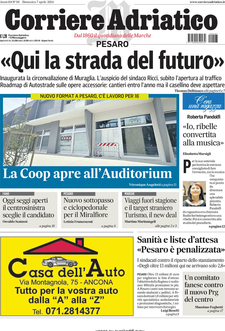 anteprima della prima pagina di corriere-adriatico-pesaro del 07/04/2024