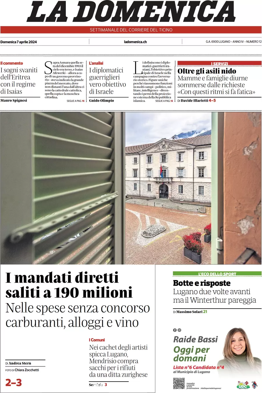 prima pagina - Corriere del Ticino del 07/04/2024