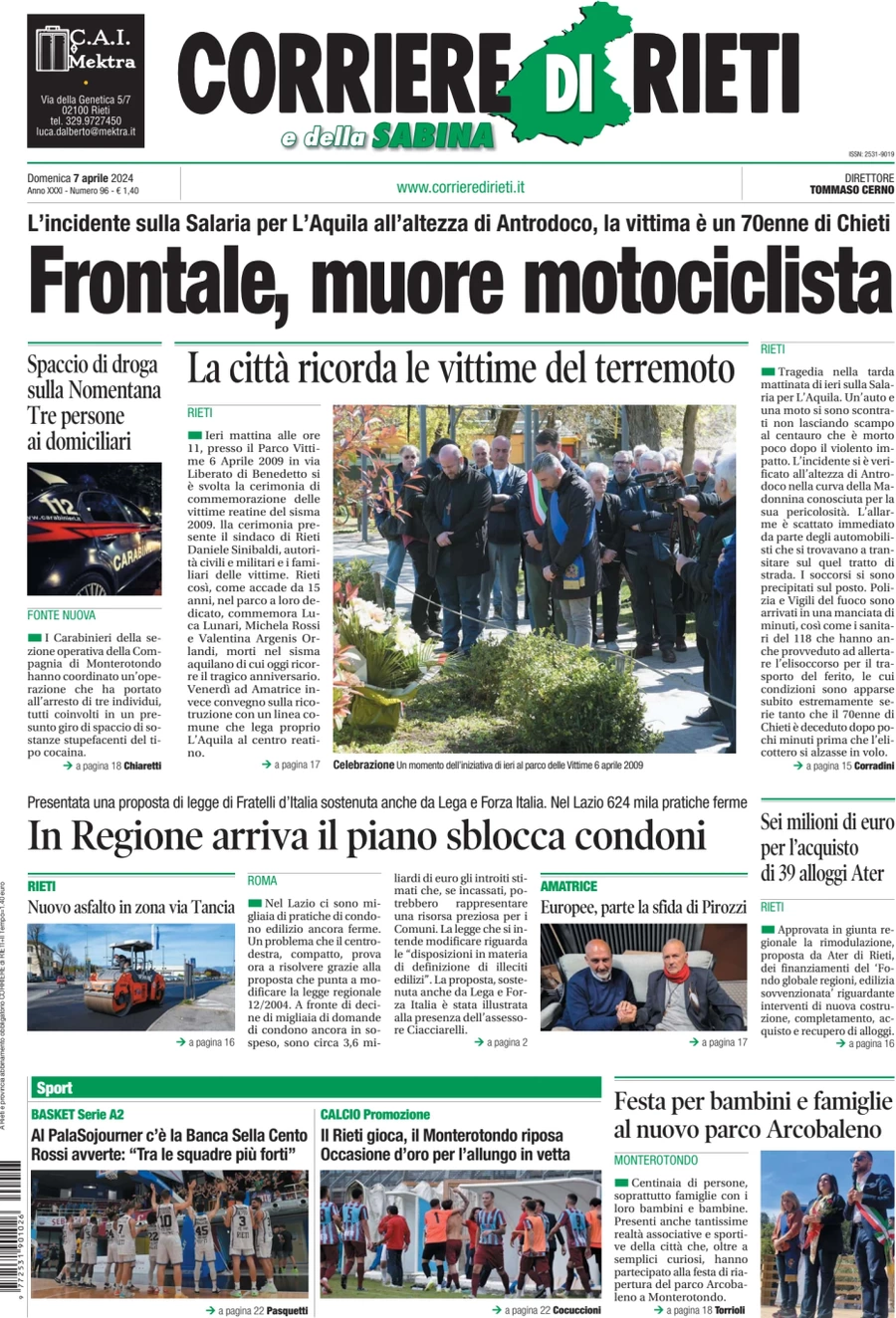 anteprima della prima pagina di corriere-di-rieti-e-della-sabina del 07/04/2024