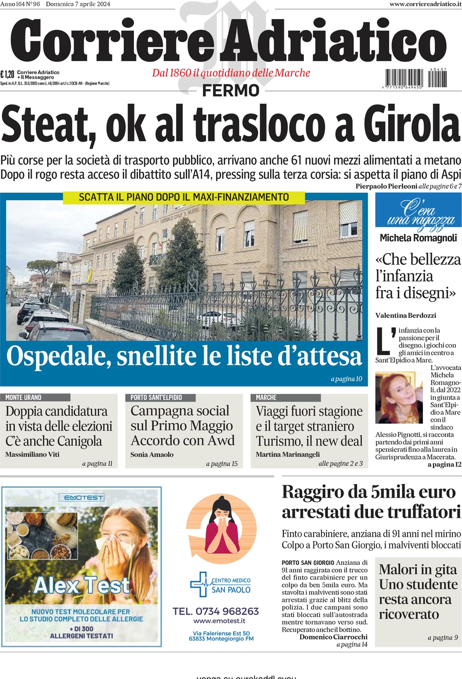 anteprima della prima pagina di corriere-adriatico-fermo del 07/04/2024