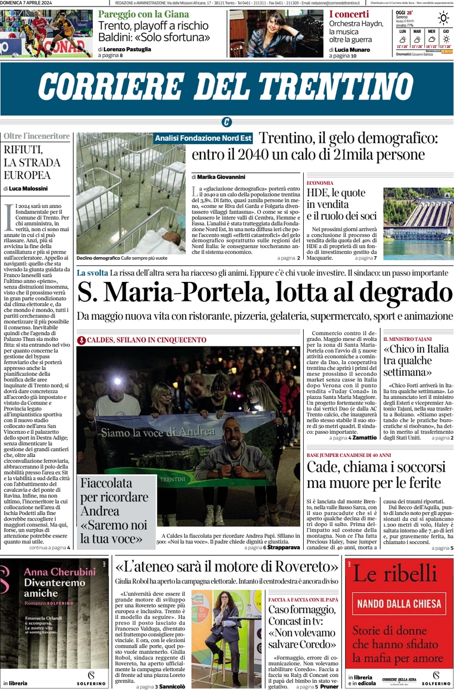 anteprima della prima pagina di corriere-del-trentino del 07/04/2024