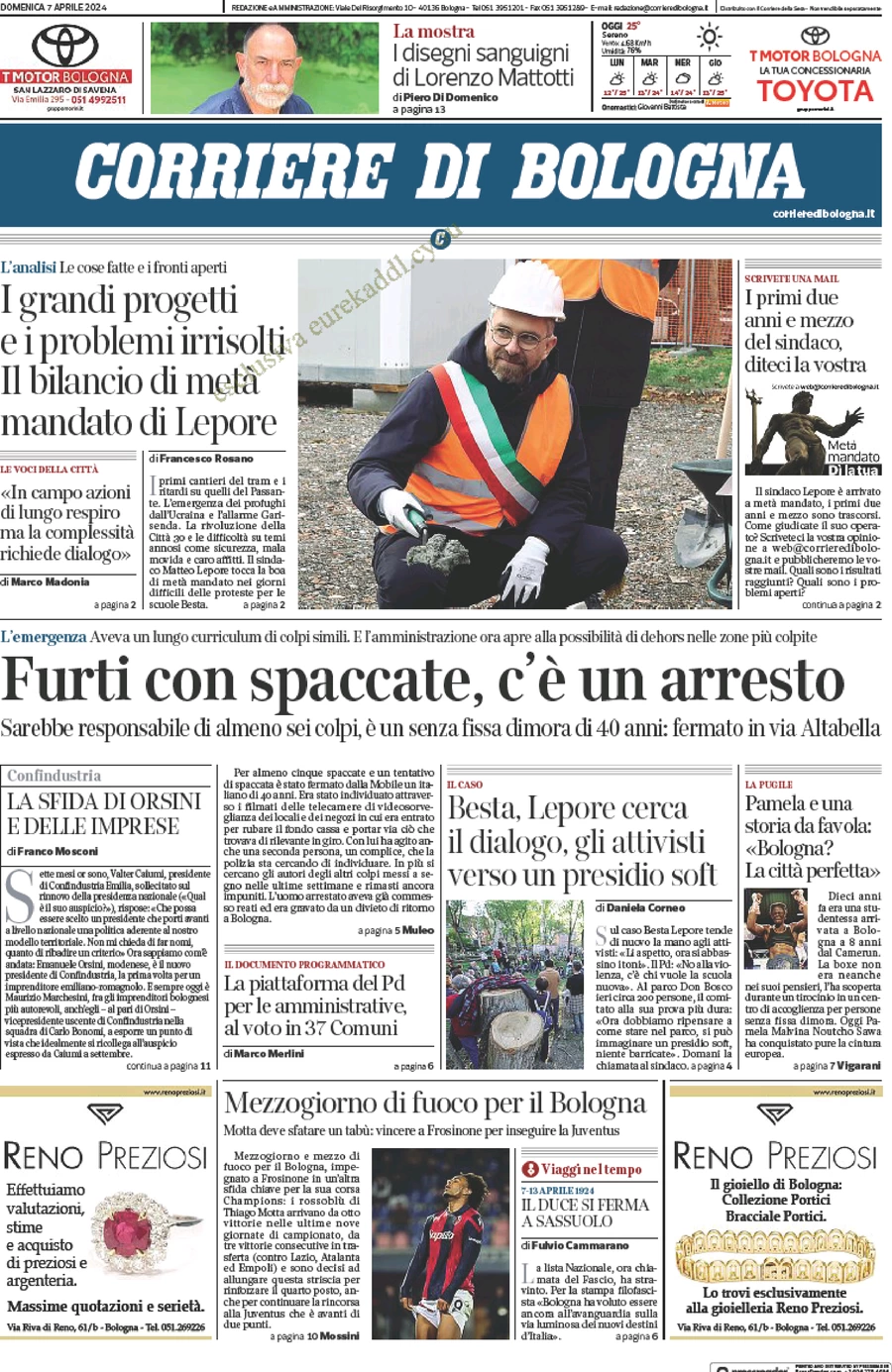 anteprima della prima pagina di corriere-di-bologna del 07/04/2024