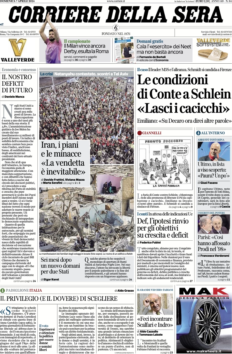 prima pagina - Corriere della Sera del 07/04/2024