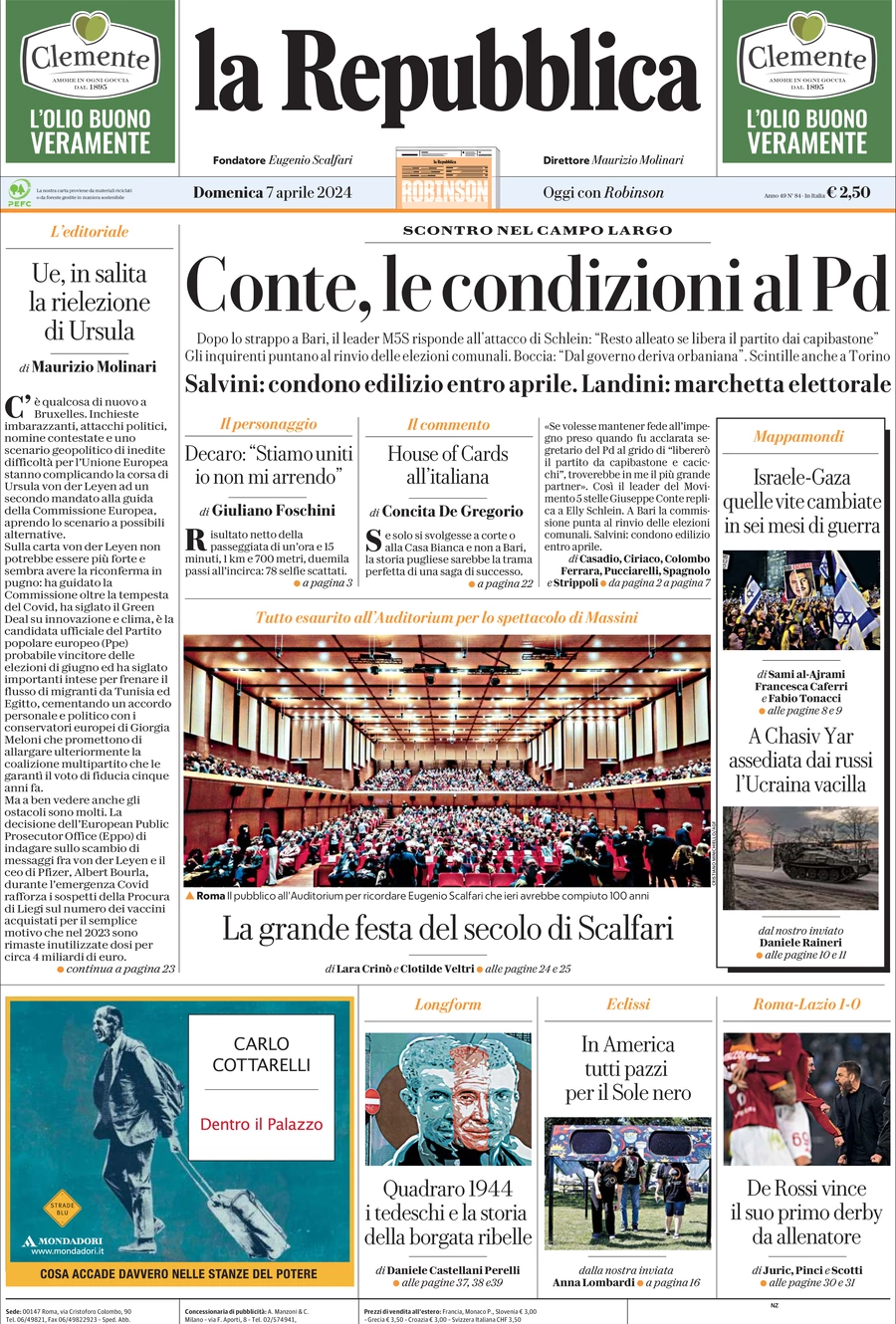 prima pagina - La Repubblica del 07/04/2024