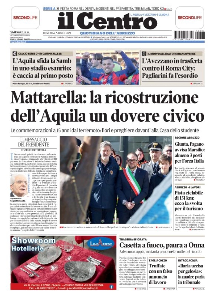 prima pagina - Il Centro (L'Aquila) del 07/04/2024