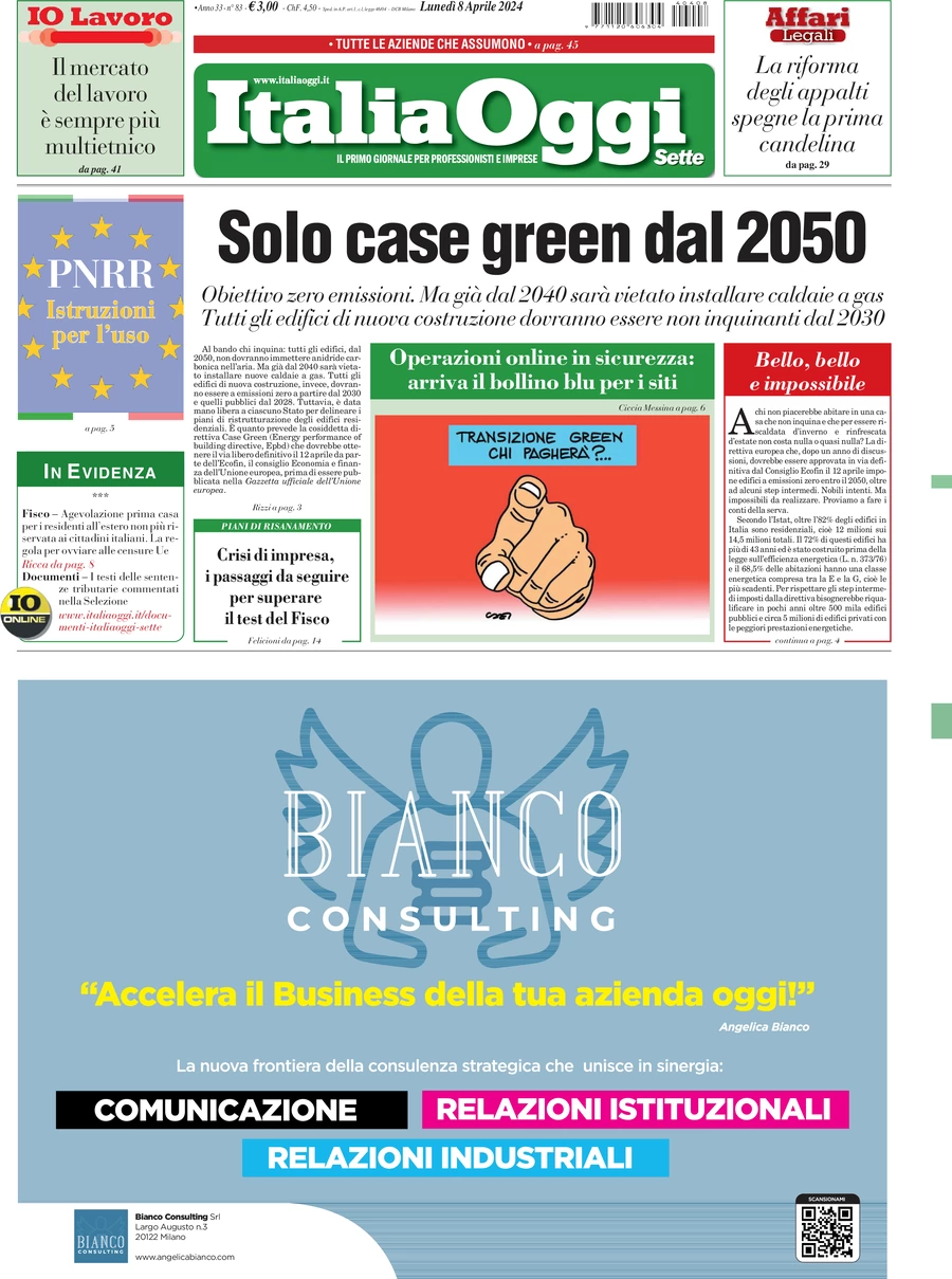 anteprima della prima pagina di italiaoggi del 08/04/2024