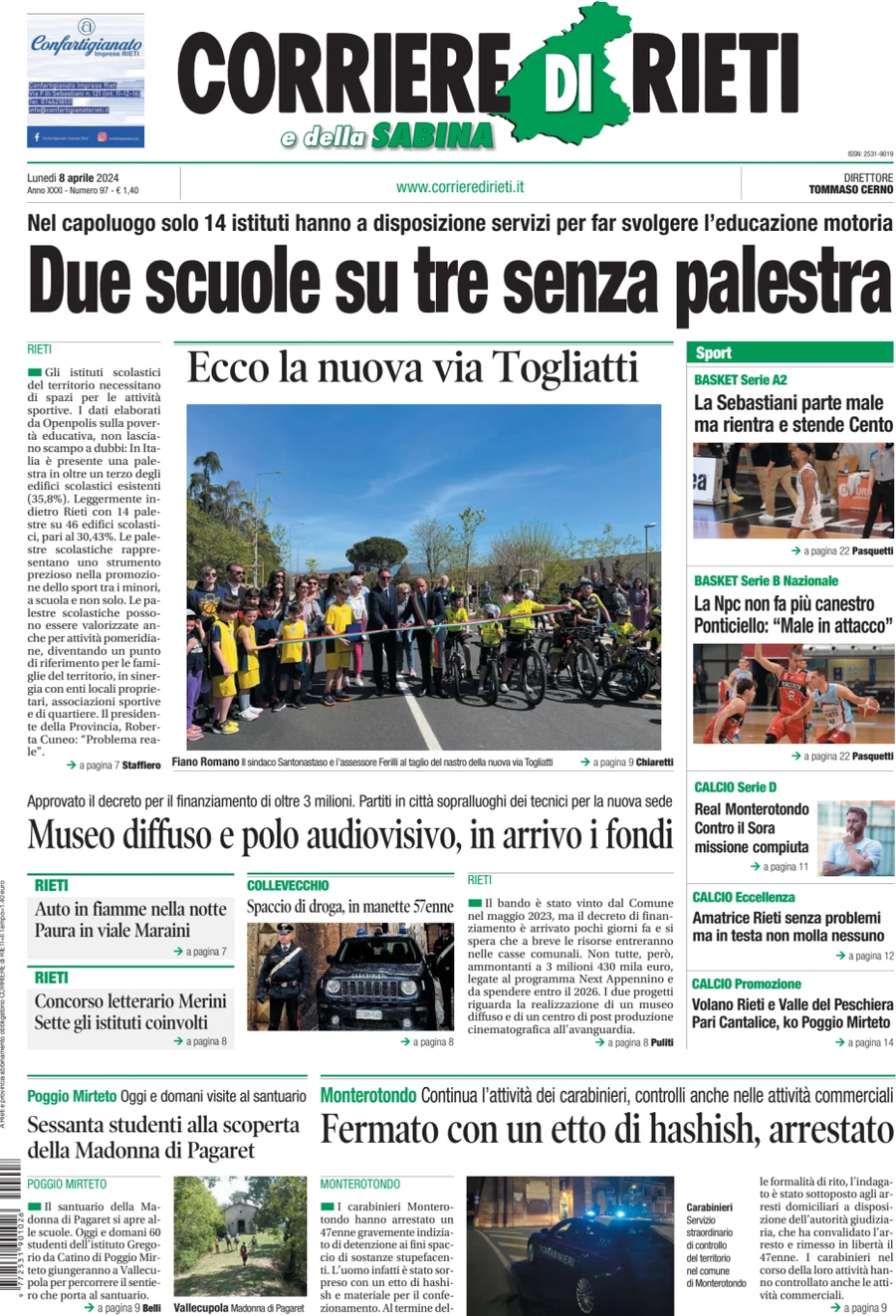 anteprima della prima pagina di corriere-di-rieti-e-della-sabina del 08/04/2024