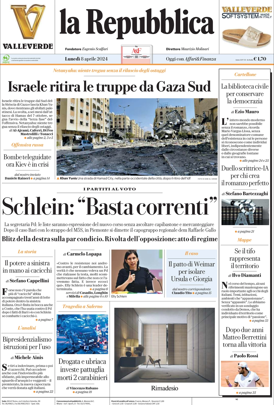 prima pagina - La Repubblica del 08/04/2024