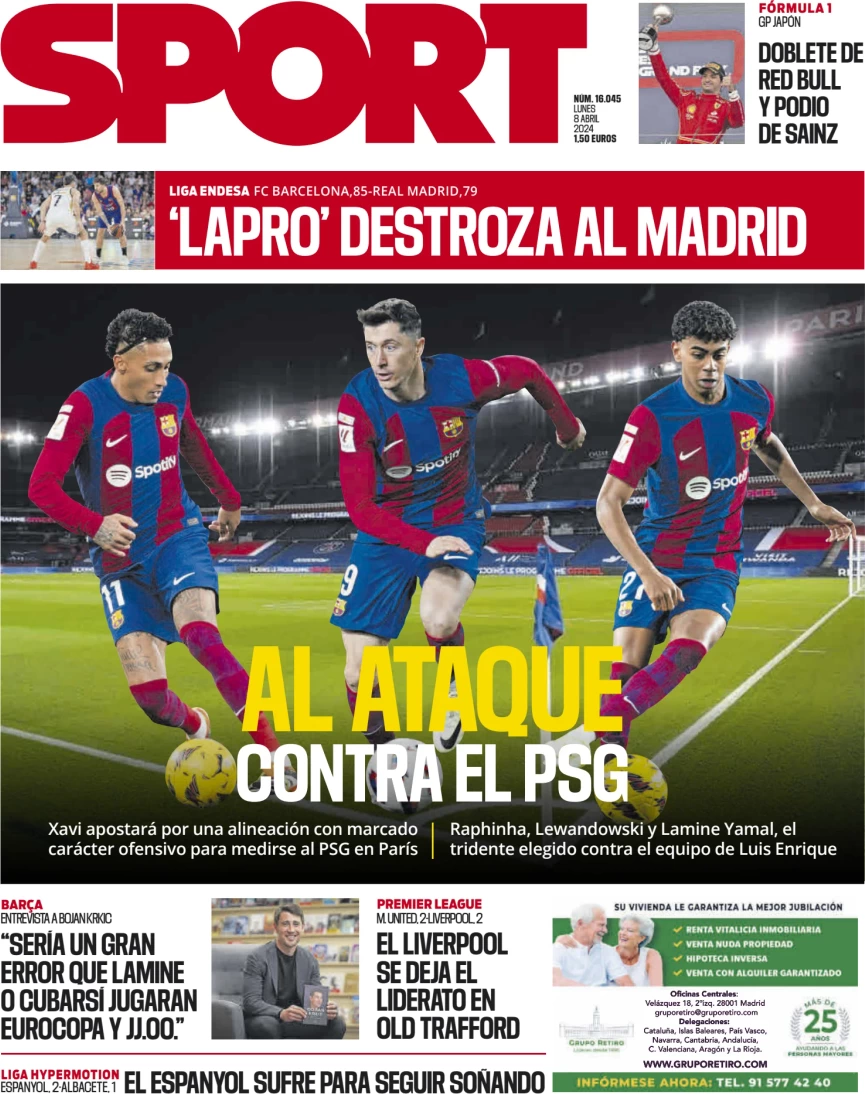 anteprima della prima pagina di sport-barcelona del 08/04/2024