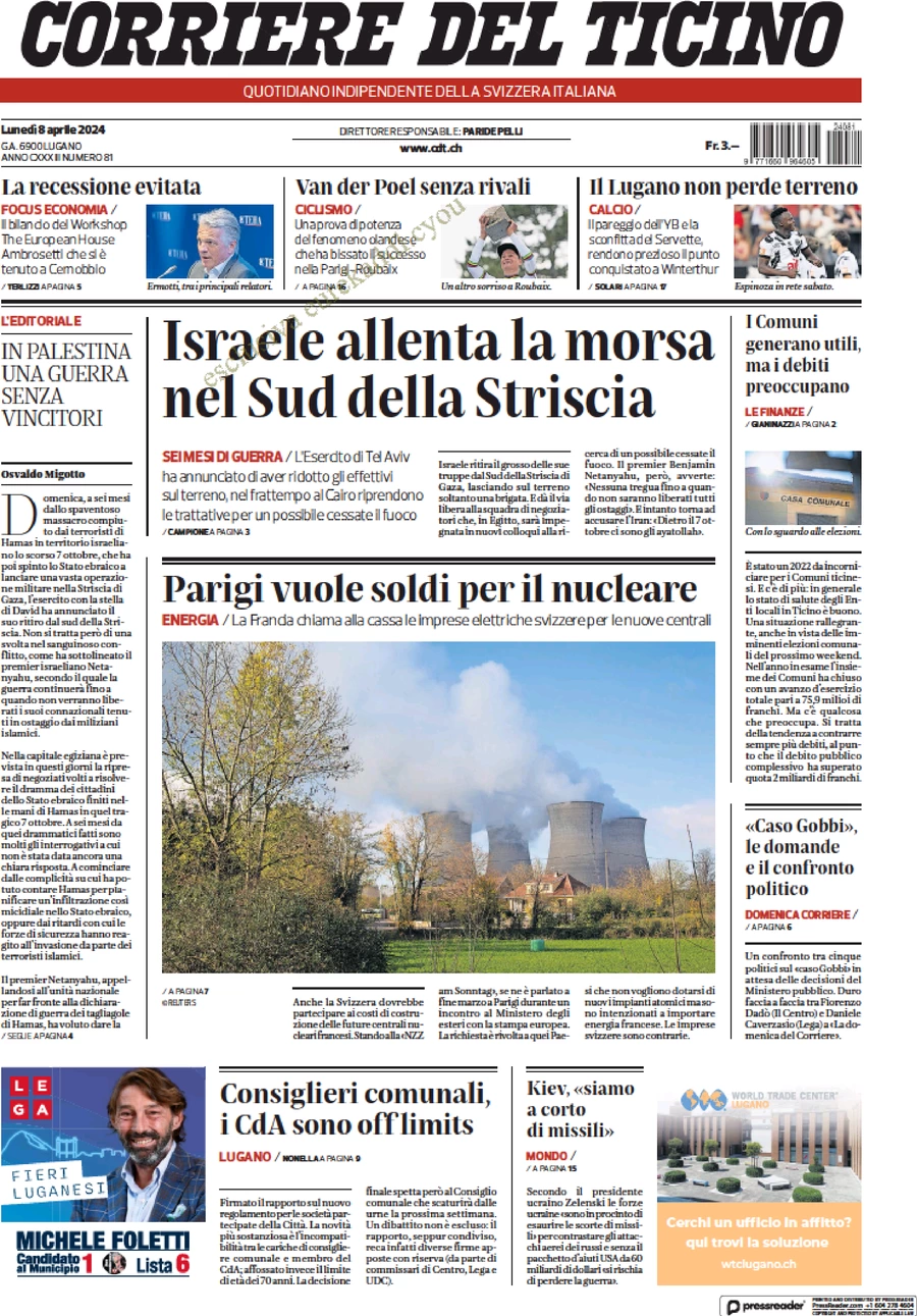 prima pagina - Corriere del Ticino del 08/04/2024
