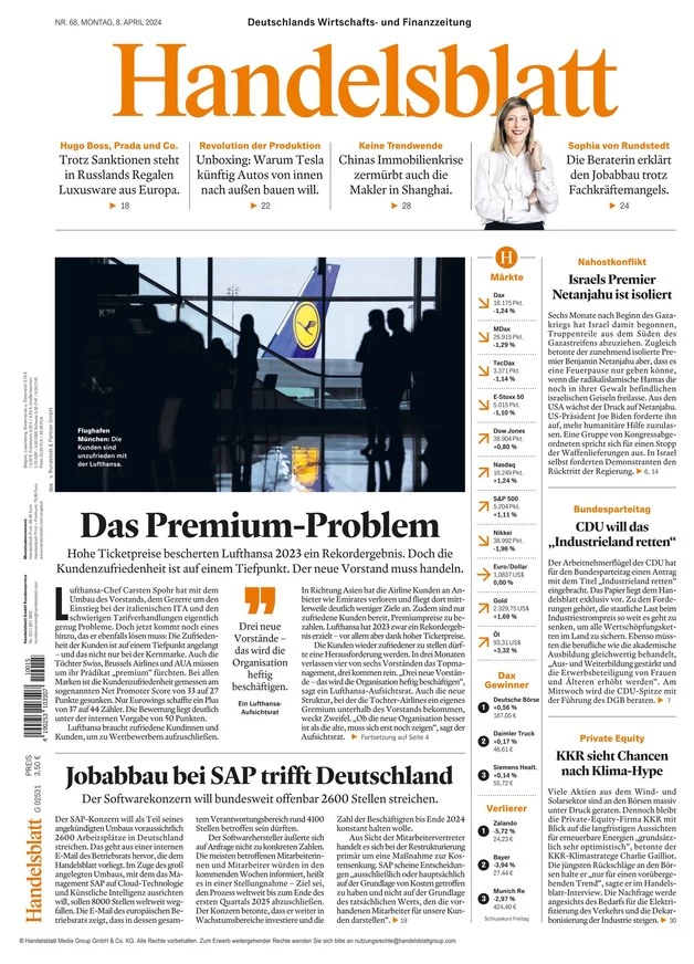 anteprima della prima pagina di handelsblatt del 08/04/2024