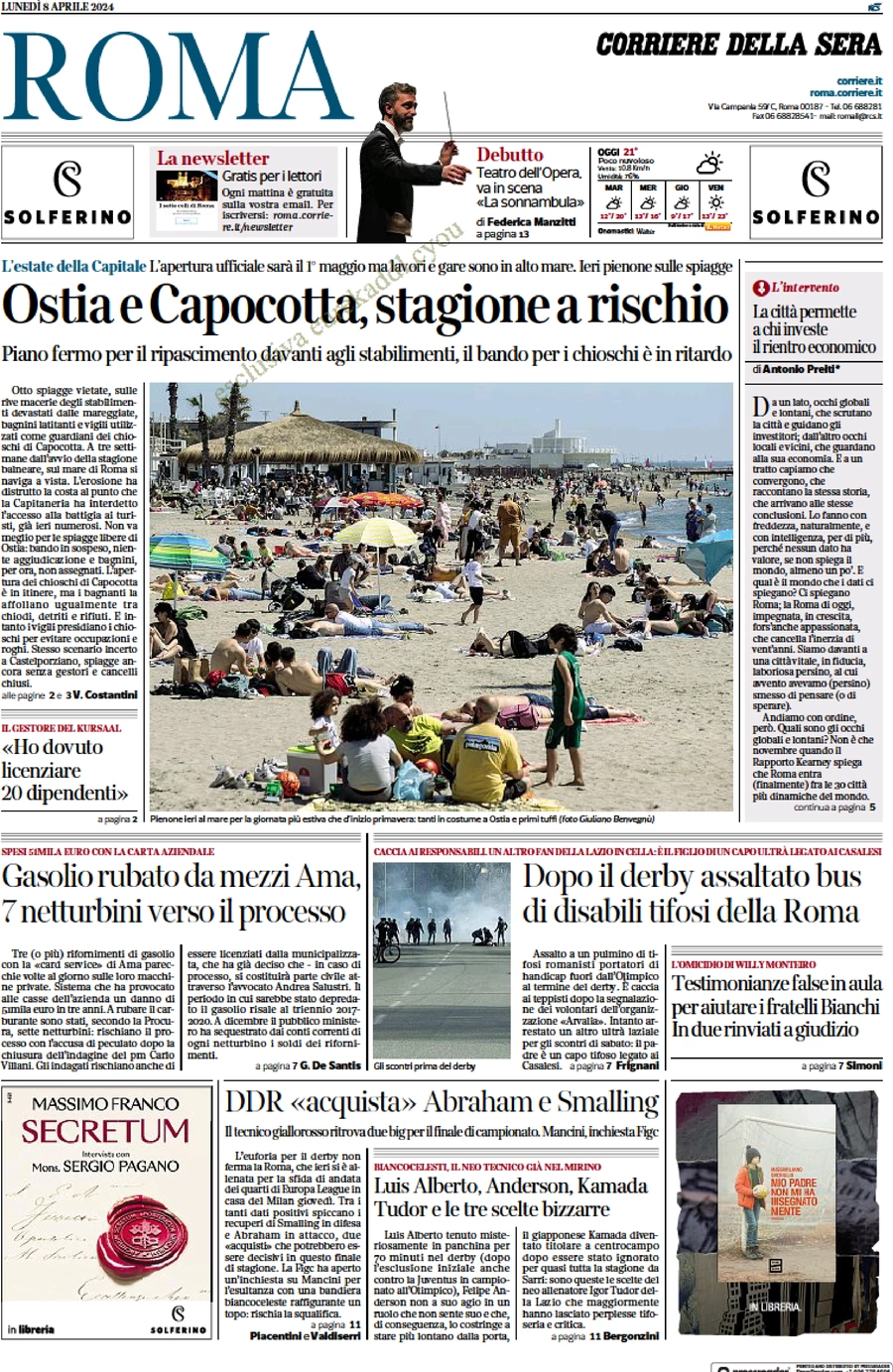 anteprima della prima pagina di corriere-della-sera-roma del 08/04/2024
