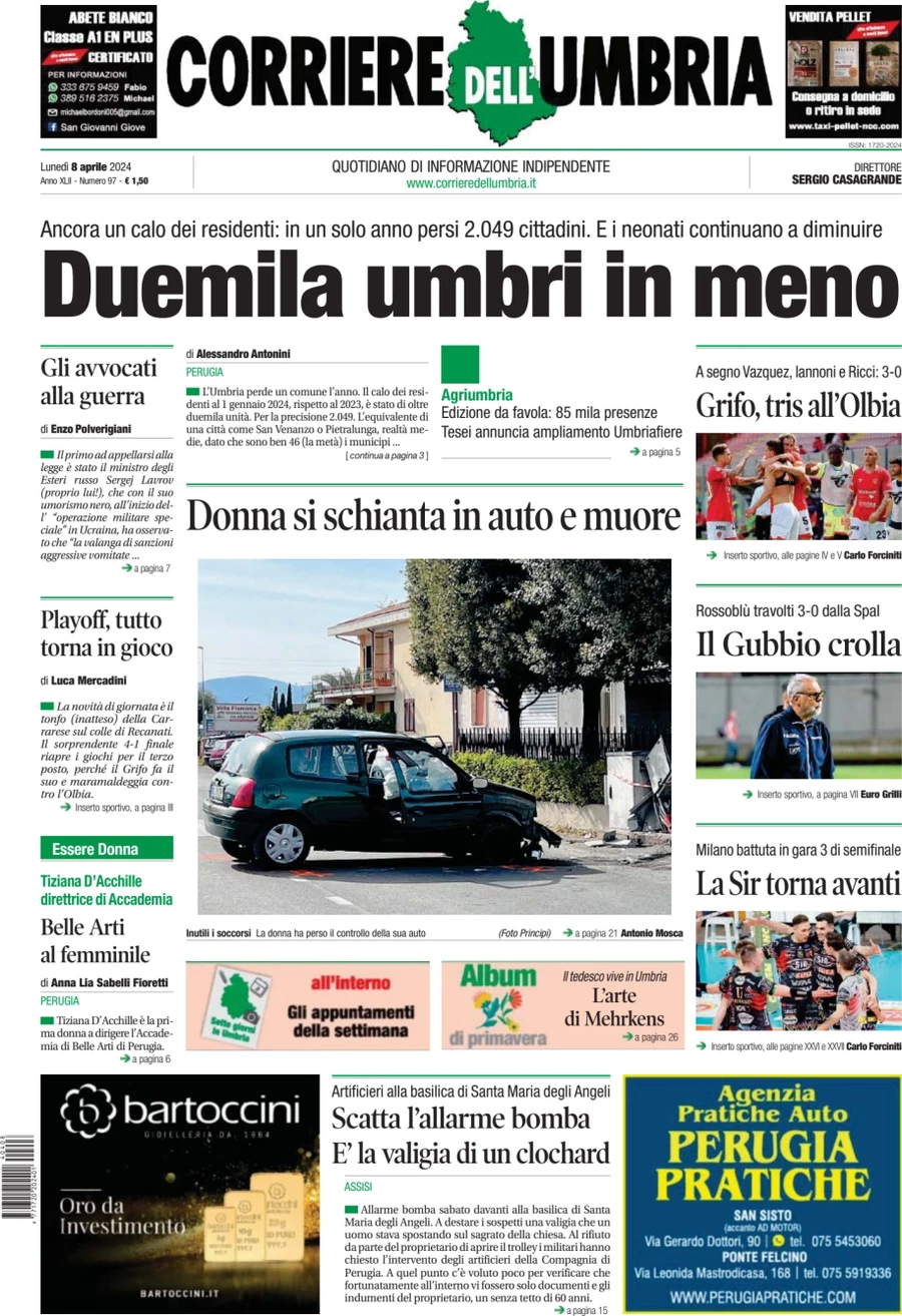 anteprima della prima pagina di corriere-dellumbria del 08/04/2024
