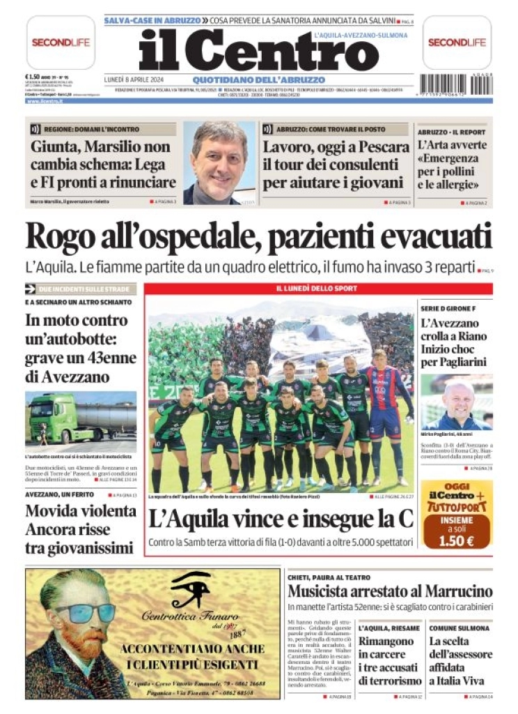 prima pagina - Il Centro (L'Aquila) del 08/04/2024
