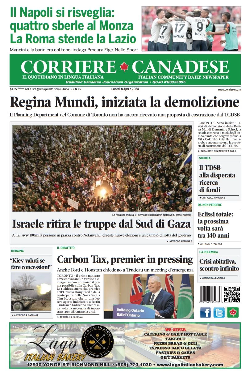 prima pagina - Corriere Canadese del 08/04/2024