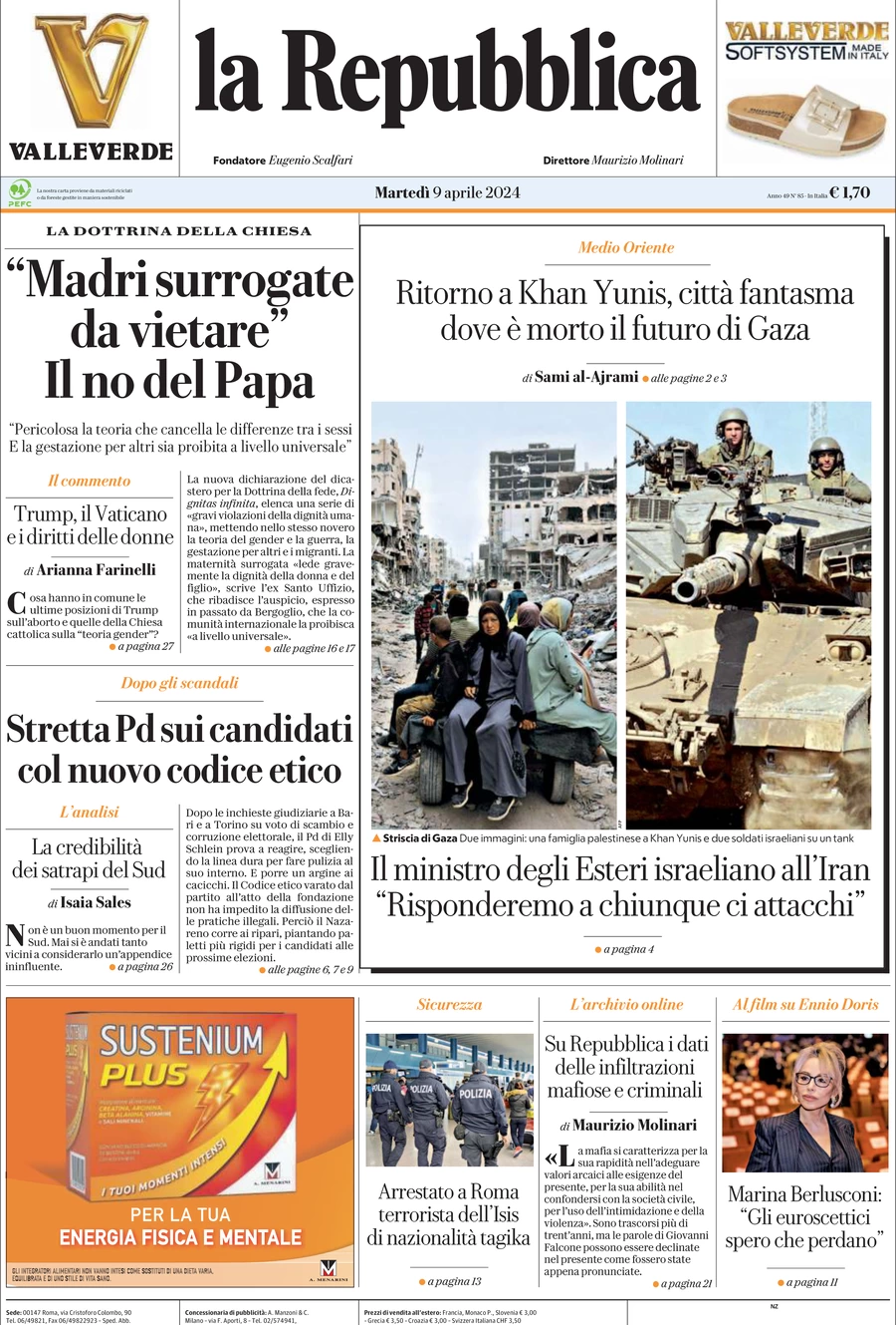 prima pagina - La Repubblica del 09/04/2024