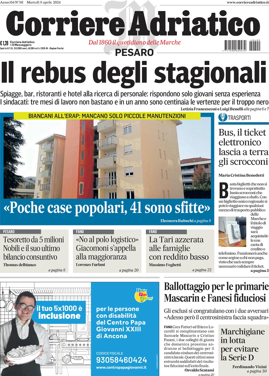 anteprima della prima pagina di corriere-adriatico-pesaro del 09/04/2024