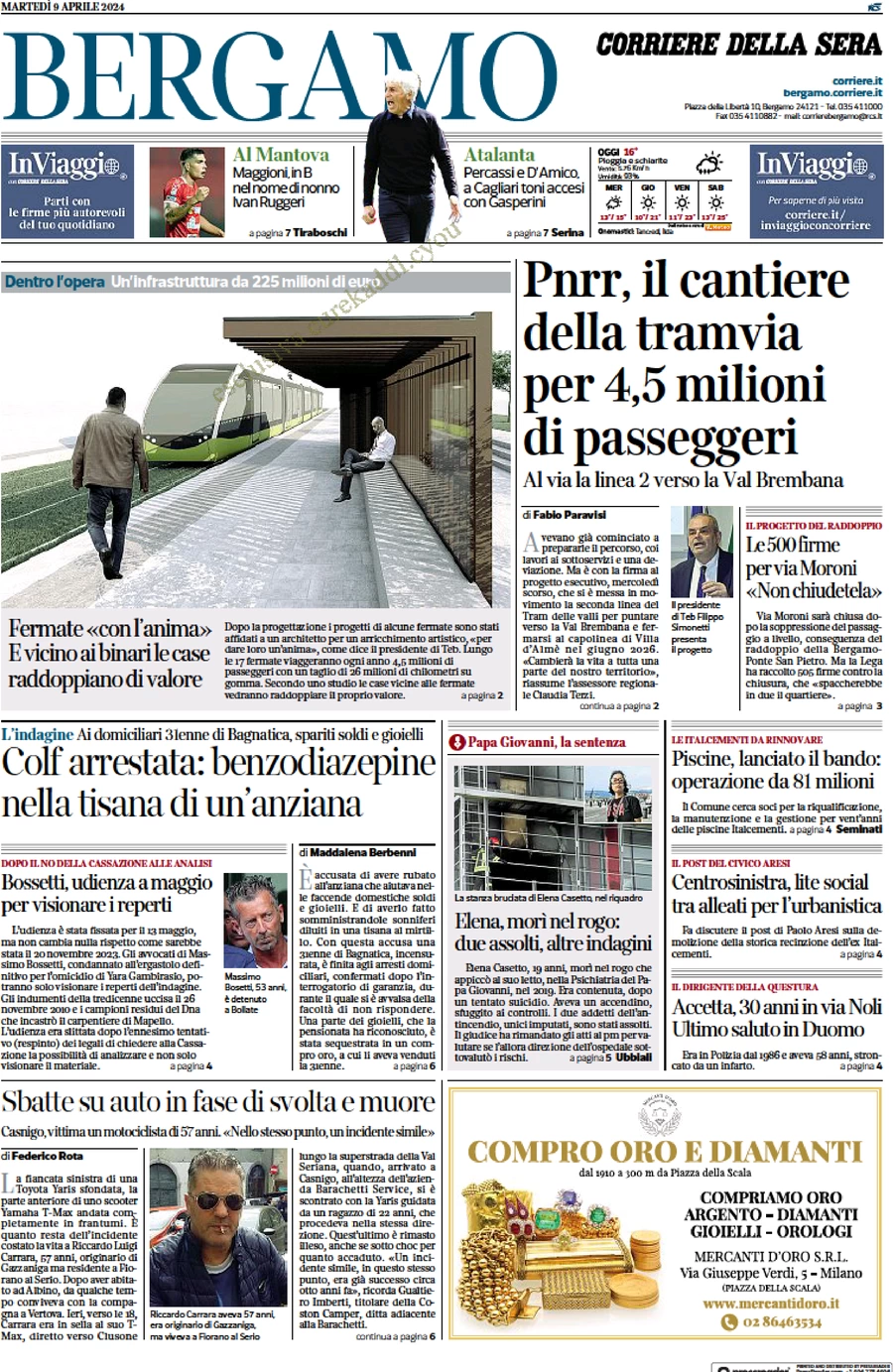 anteprima della prima pagina di corriere-della-sera-bergamo del 09/04/2024