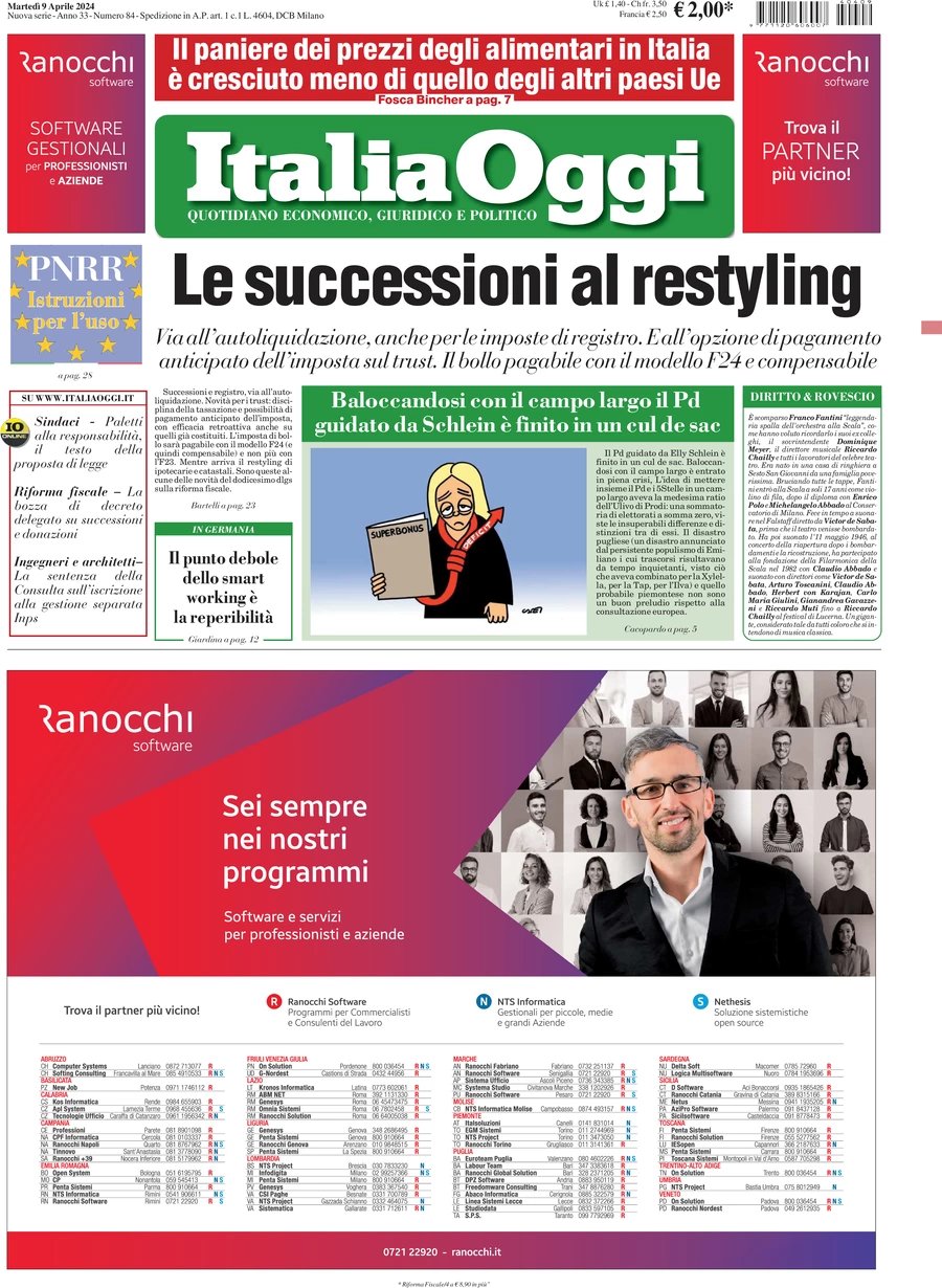 prima pagina - ItaliaOggi del 09/04/2024