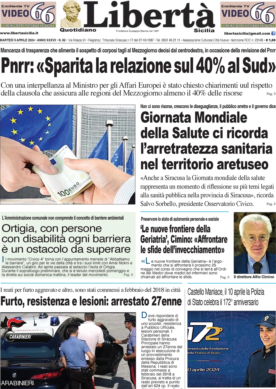 anteprima della prima pagina di libert-sicilia del 09/04/2024
