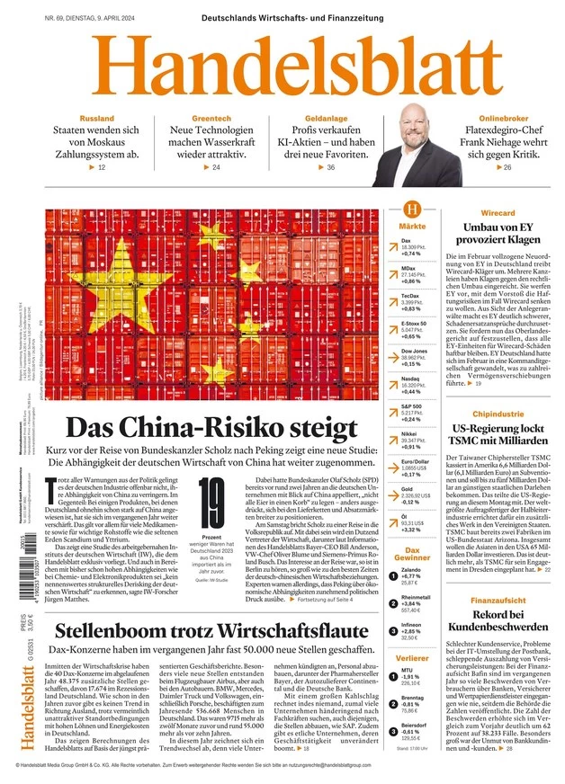 anteprima della prima pagina di handelsblatt del 09/04/2024