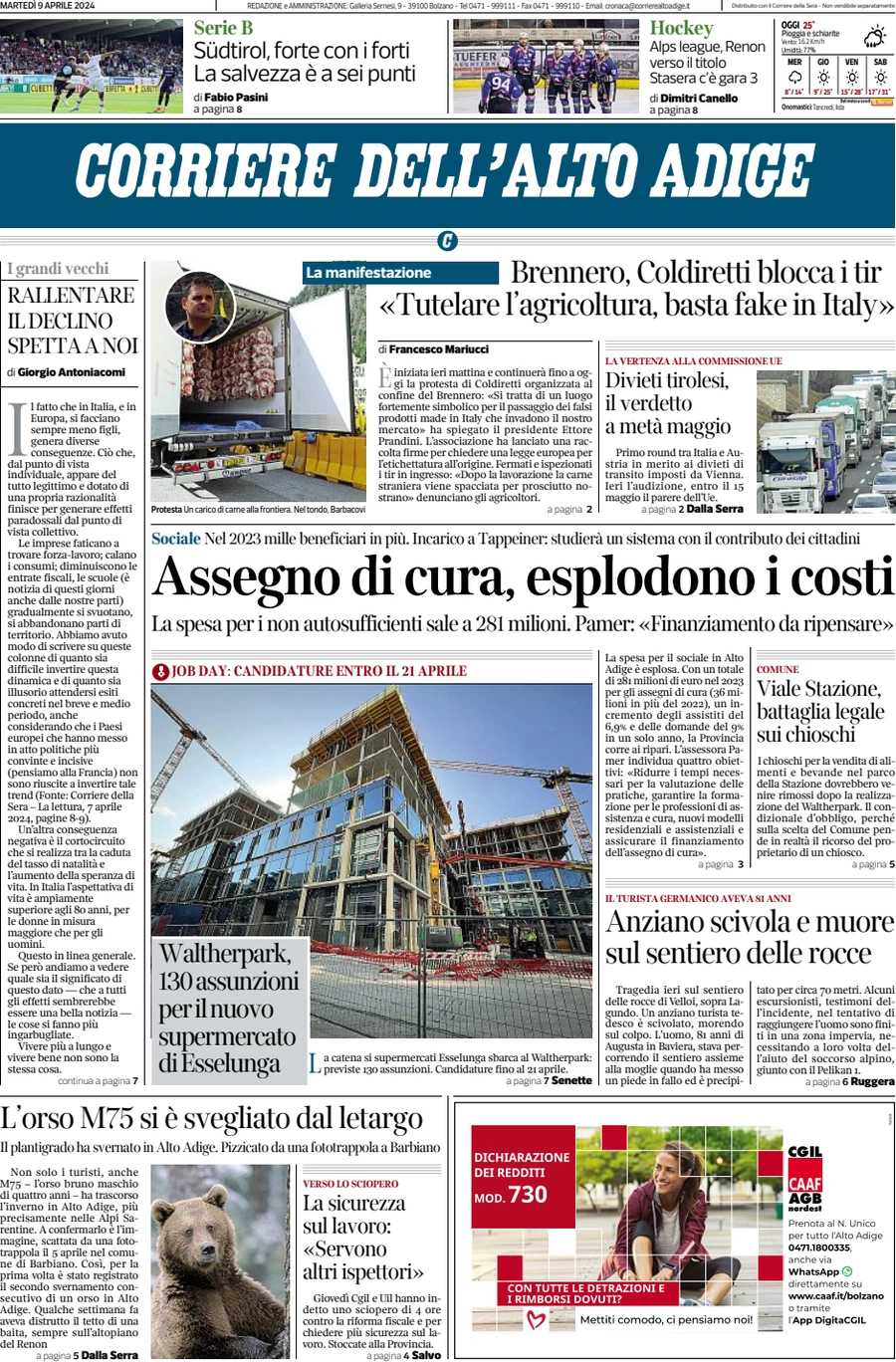 anteprima della prima pagina di corriere-dellalto-adige del 09/04/2024