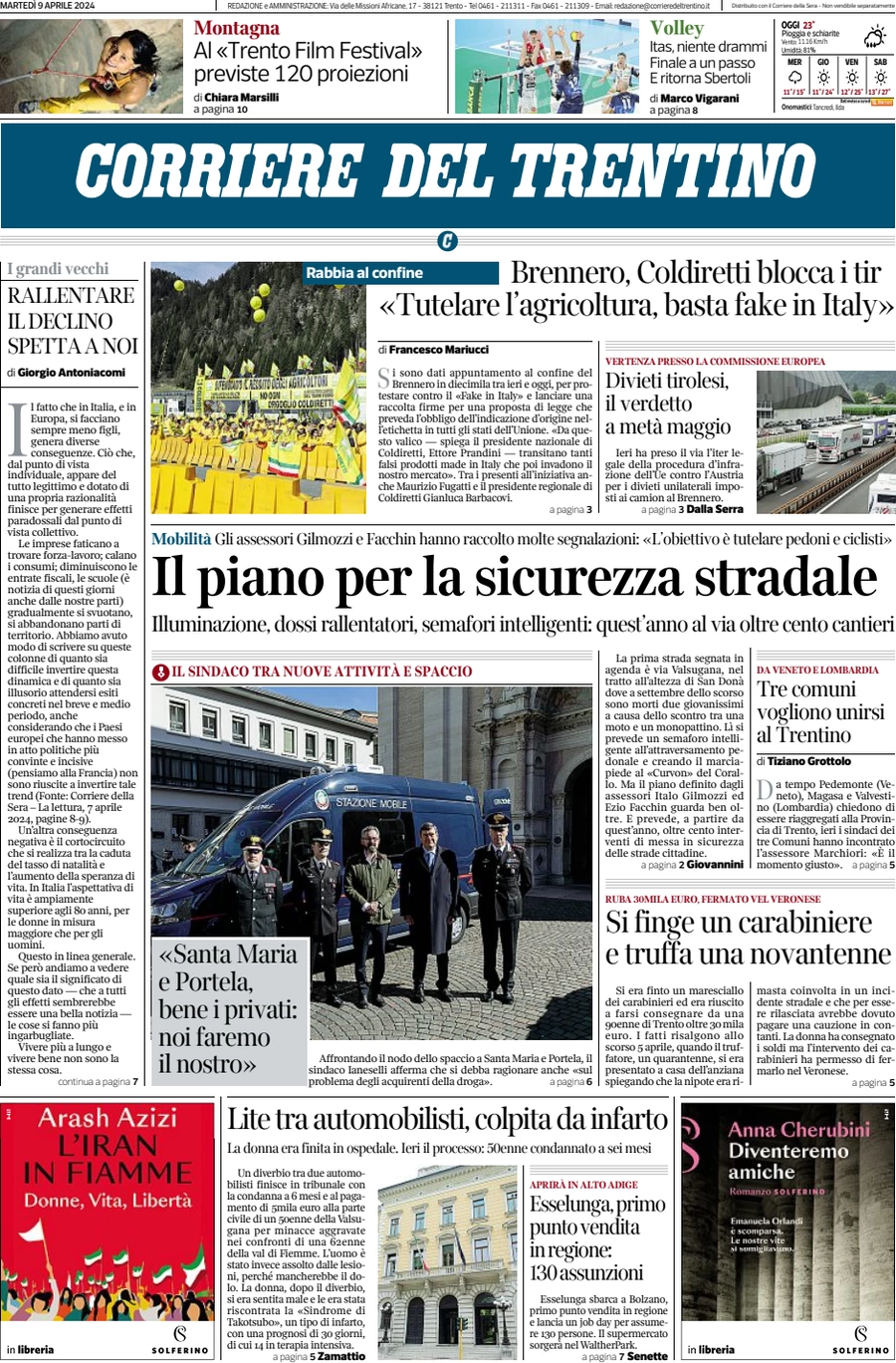 anteprima della prima pagina di corriere-del-trentino del 09/04/2024