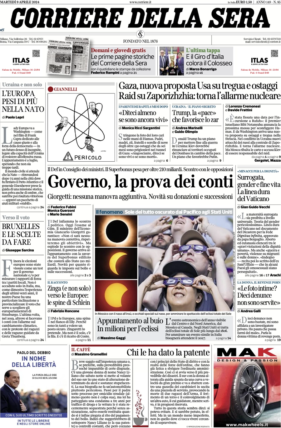 prima pagina - Corriere della Sera del 09/04/2024