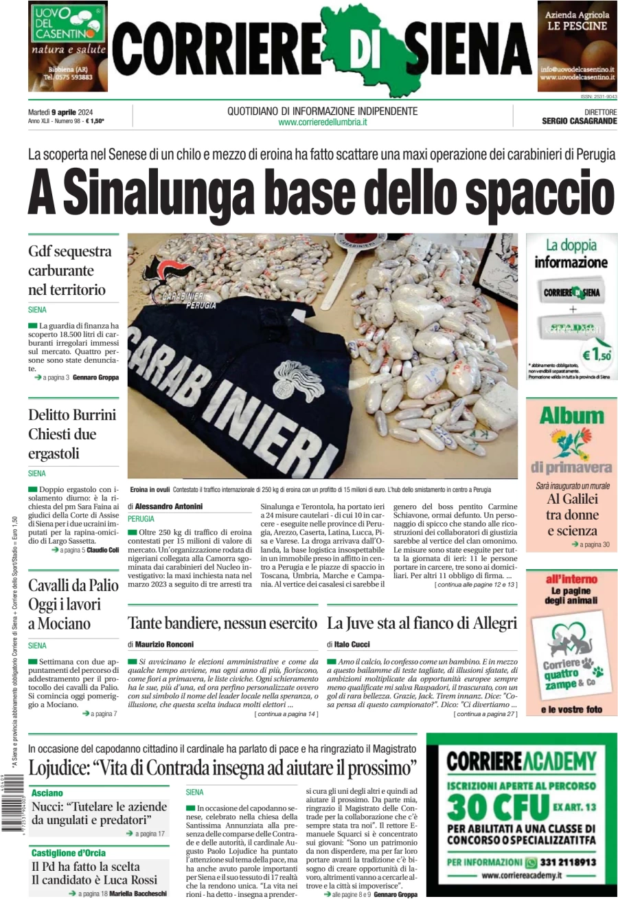 anteprima della prima pagina di corriere-di-siena del 09/04/2024